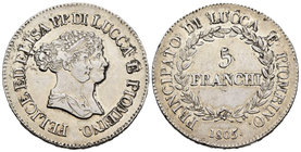 Italy. Lucca. Elisa Bonaparte e Felice Baciocchi. 5 franchi. 1805. (Km-24.2). Ag. 24,86 g. Ligeramente limpiada. Choice VF. Est...150,00.