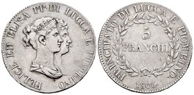 Italy. Lucca. Elisa Bonaparte e Felice Baciocchi. 5 franchi. 1806. (Km-24.3). Ag. 24,77 g. Punto detrás de la fecha. Choice VF. Est...160,00.
