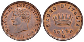 Italy. Napoleon Bonaparte. 1 soldo. 1811. Milano. M. (Km-3.2). Ae. 10,45 g. Leves golpecitos en el canto. Bonito color. AU. Est...140,00.