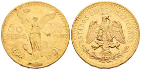 Mexico. 50 pesos. 1921. (Km-481). (Fr-172). Au. 41,74 g. Centenario de la Independencia (1821-1921). Primer año de la serie. Escasa. AU. Est...2000,00...