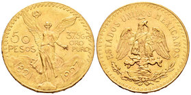 Mexico. 50 pesos. 1927. (Km-481). (Fr-172). Au. 41,81 g. Pequeñas marcas. Almost UNC. Est...1500,00.
