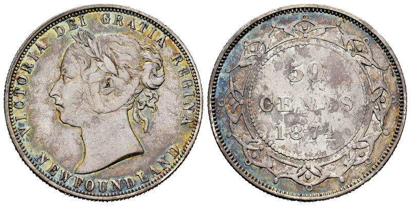 Newfoundland. Victoria Queen. 50 cents. 1874. (Km-6). Ag. 11,63 g. Scarce. Almos...