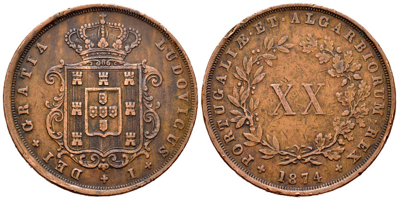 Portugal. Luiz I. 20 reis. 1874. (Km-515). Ae. 25,14 g. Minor nicks on edge. VF....