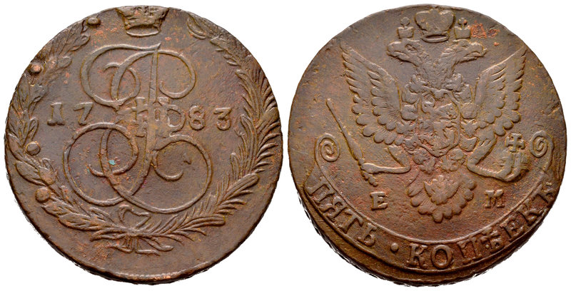Russia. Catherine II. 5 kopeks. 1783. Ekaterinburg. EM. (Bitkin-634). Ae. 52,52 ...