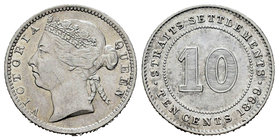 Straits Settlements. Victoria Queen. 10 cents. 1899. (Km-11). Ag. 2,71 g. Brillo original. AU. Est...100,00.