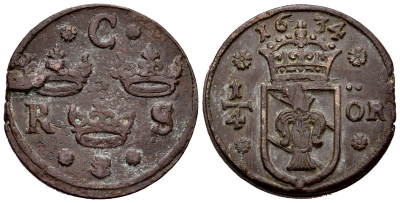 Sweden. Christina. 1/4 ore. 1634. (Km-152.2). Ae. 10,24 g. Scarce. Choice VF. Es...