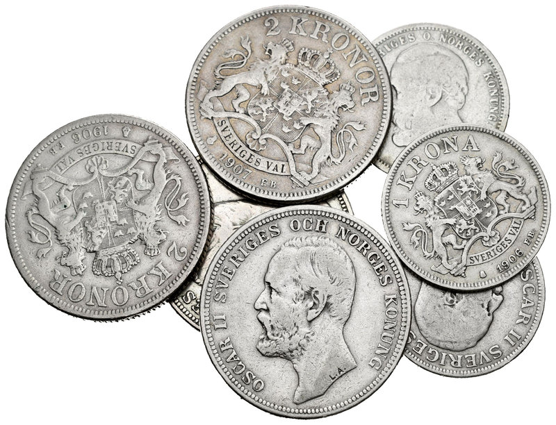 Sweden. Lote de 7 monedas de plata, 2 coronas, 1900, 1904, 1906, 1907 y de 1 cor...