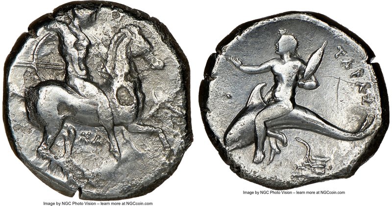 CALABRIA. Taras. Ca. 332-302 BC. AR nomos (18mm, 3h). NGC Fine, edge cut. Sa-, m...