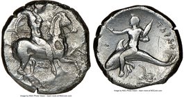 CALABRIA. Taras. Ca. 332-302 BC. AR nomos (18mm, 3h). NGC Fine, edge cut. Sa-, magistrate. Warrior on horseback right, preparing to cast spear; ΣΑ bel...