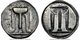 BRUTTIUM. Croton. Ca. 480-430 BC. AR stater (28mm, 6.99 gm, 12h). NGC VF 5/5 - 2/5. ϙPO, ornamented tripod in relief; raised beaded border / As obvers...