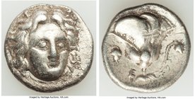 CARIAN ISLANDS. Rhodes. Ca. 305-275 BC. AR didrachm (19mm, 6.33 gm, 12h). VF, horn silver, scuff. Head of Helios facing, turned slightly right / [POΔI...
