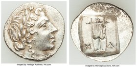 LYCIAN LEAGUE. Masicytes. Ca. 48-20 BC. AR hemidrachm (16mm, 2.08 gm, 1h). AU. Series 1. Laureate head of Apollo right; Λ-Y below / M-A, cithara (lyre...