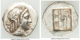 LYCIAN LEAGUE. Masicytes. Ca. 48-20 BC. AR hemidrachm (16mm, 1.82 gm, 12h). AU. Series 5. Laureate head of Apollo right; Λ-Y below / M-A, cithara (lyr...