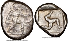 PAMPHYLIA. Aspendus. Ca. mid-5th century BC. AR stater (19mm, 12h). NGC Choice Fine. Helmeted nude hoplite advancing right, shield in left hand, spear...