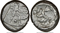 PAMPHYLIA. Aspendus. Ca. mid-5th century BC. AR stater (22mm, 5h). NGC Choice Fine, overstruck. Helmeted nude hoplite warrior advancing right, shield ...