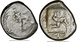 PAMPHYLIA. Aspendus. Ca. mid-5th century BC. AR stater (20mm, 10.81 gm, 7h). NGC Fine 3/5 - 3/5, overstruck. Helmeted nude hoplite warrior advancing r...