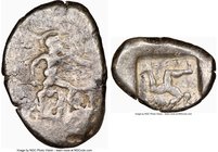 PAMPHYLIA. Aspendus. Ca. mid-5th century BC. AR stater (18mm, 9h). NGC Fine. Helmeted nude hoplite warrior advancing right, shield in left hand, stack...