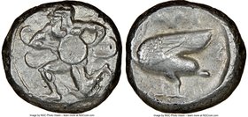 CILICIA. Mallus. Ca. 440-385 BC. AR stater (20mm, 11h). NGC VF. Bearded male, winged, in kneeling/running stance left, holding solar disk with both ha...