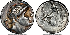 SELEUCID KINGDOM. Antiochus II Theos (261-246 BC). AR tetradrachm (28mm, 9h). NGC VF. Seleucia on the Tigris. Diademed head of Antiochus I right, dott...