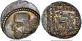 PARTHIAN KINGDOM. Vardanes II (AD 55-58). AR drachm (20mm, 12h). NGC AU. Ekbatana. Diademed bust left, ties in bow behind and three heavy depending li...