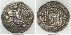 HUNNIC TRIBES. Kidarite. Uncertain king. Imitating Varhran IV. after AD 388. AR Drachm (27mm, 4.07 gm, 3h). VF. Bust right wearing merlon crown / Fire...