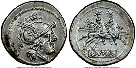 Anonymous (ca. 211 BC or later). AR quinarius (16mm, 2h). NGC AU. Rome. Head of Roma right, wearing winged Attic helmet with griffin head crest, V beh...