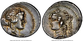 L. Cassius Q.f. Longinus (78 or 76/5 BC). AR denarius (19mm, 3.72 gm, 7h). NGC AU 4/5 - 5/5. Rome. Head of Liber or Bacchus right, wreathed with ivy, ...