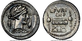 L. Furius Cn.f. Brocchus (ca. 63 BC). AR denarius (20mm, 3.95 gm, 7h). NGC AU S 5/5 - 4/5. Rome. III-VIR / BROCCHI, draped bust of Ceres right, wearin...