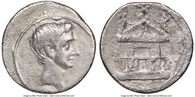 Octavian, as Sole Imperator (30-27 BC). AR denarius (19mm, 10h). NGC Fine. 30-29 BC. Brundisium or Rome mint. Bare head right / Legend on architrave o...