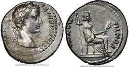 Tiberius (AD 14-37). AR denarius (18mm, 4h). NGC XF. Lugdunum. TI CAESAR DIVI-AVG F AVGVSTVS, laureate head of Tiberius right / PONTIF-MAXIM, Livia (a...