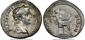 Tiberius (AD 14-37). AR denarius (20mm, 12h). NGC VF. Lugdunum. TI CAESAR DIVI-AVG F AVGVSTVS, laureate head of Tiberius right / PONTIF-MAXIM, Livia (...