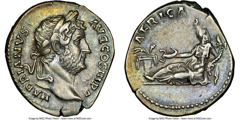 Hadrian (AD 117-138). AR denarius (17mm, 3.32 gm, 6h). NGC XF 5/5 - 5/5. Rome, A...