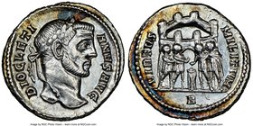 Diocletian (AD 284-305). AR argenteus (18mm, 3.69 gm, 6h). NGC Choice AU 5/5 - 3/5. Rome, ca. AD 295-297, second officina. DIOCLETIANVS AVG, laureate ...