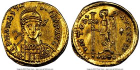 Anastasius I (AD 491-518). AV solidus (20mm, 4.27 gm, 6h). NGC AU 5/5 - 2/5, bent clipped. Constantinople, AD 498-518, 8th officina. D N ANASTA-SIVS P...