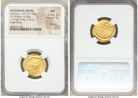Justinian I the Great (AD 527-565). AV solidus (21mm, 4.45 gm, 7h). NGC MS 4/5 - 3/5, clipped, edge filing. Constantinople, 3rd officina. D N IVSTINI-...