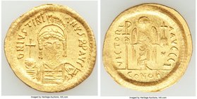 Justinian I the Great (AD 527-565). AV solidus (21mm, 4.36 gm, 7h). VF, roughness. Constantinople, 10th officina. D N IVSTINI-ANVS PP AVG, cuirassed b...