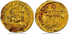 Maurice Tiberius (AD 582-602). AV solidus (21mm, 4.25 gm, 6h). NGC Choice XF 3/5 - 3/5, graffiti, clipped. Constantinople, uncertain officina. o N mAV...