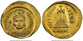 Heraclius (AD 610-641). AV solidus (22mm, 4.42 gm, 7h). NGC AU 5/5 - 3/5, graffiti, slight bend. Constantinople, 5th officina, AD 610-613. d N hЄRACLI...