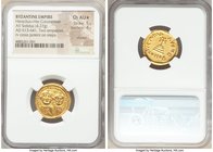 Heraclius (AD 610-641) and Heraclius Constantine. AV solidus (21mm, 4.27 gm, 7h). NGC Choice AU S 5/5 - 4/5, clipped. Constantinople, 3rd officina, ca...