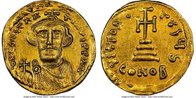 Constans II Pogonatus (AD 641-668). AV solidus (20mm, 4.41 gm, 6h). NGC Choice AU 4/5 - 4/5, die shift, clipped. Constantinople, 6th officina, ca. AD ...