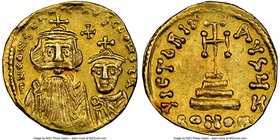 Constans II Pogonatus (AD 641-668) and Constantine IV. AV solidus (20mm, 4.30 gm, 6h). NGC Choice AU 5/5 - 4/5, clipped. Constantinople, 7th officina....