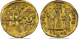 Constans II Pogonatus (AD 641-668), with Constantine IV, Heraclius and Tiberius. AV solidus (19mm, 4.42 gm, 7h). NGC MS 5/5 - 3/5, graffiti. Constanti...
