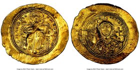 Constantine IX Monomachus (AD 1042-1055). AV histamenon nomisma (31mm, 4.39 gm, 6h). NGC Choice AU 4/5 - 2/5, flattened. Constantinople. + hIS XIS RЄX...
