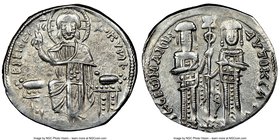 Andronicus II Palaeologus and Michael IX (AD 1294-1320). AR basilicon (22mm, 6h). NGC AU. Constantinople, AD 1304-1320. KYPIЄ-BOHΘЄI, Christ enthroned...