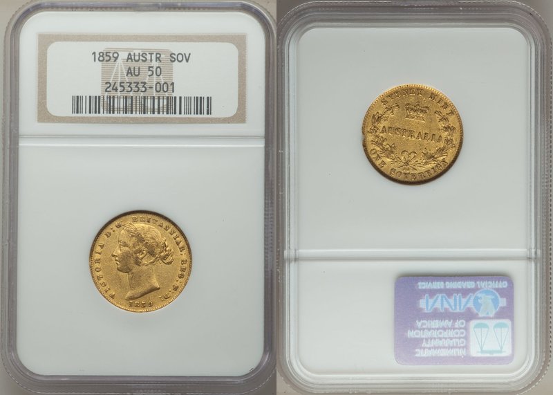 Victoria gold Sovereign 1859-SYDNEY AU50 NGC, Sydney mint, KM4.

HID09801242017