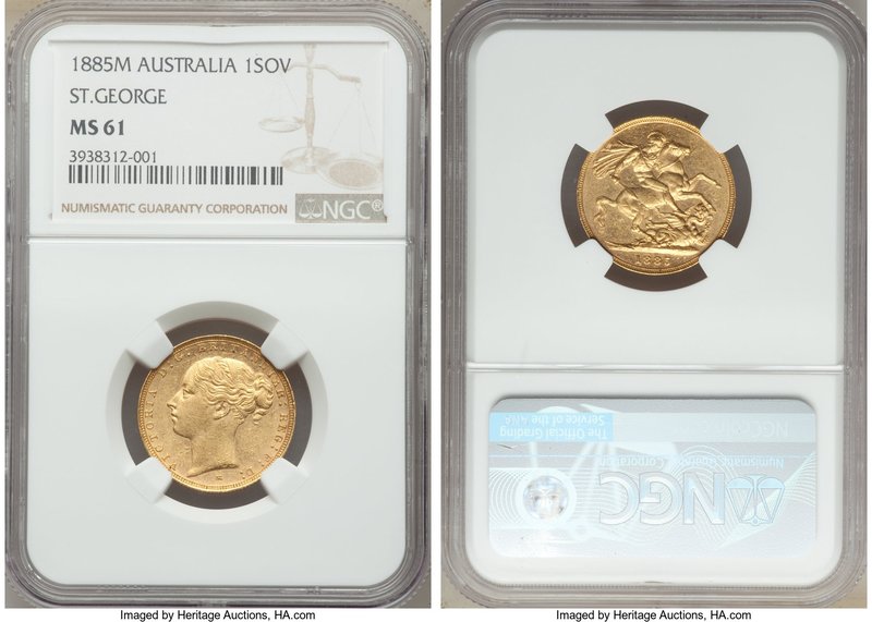 Victoria gold Sovereign 1885-M MS61 NGC, Melbourne mint, KM7. AGW 0.2355 oz. St....