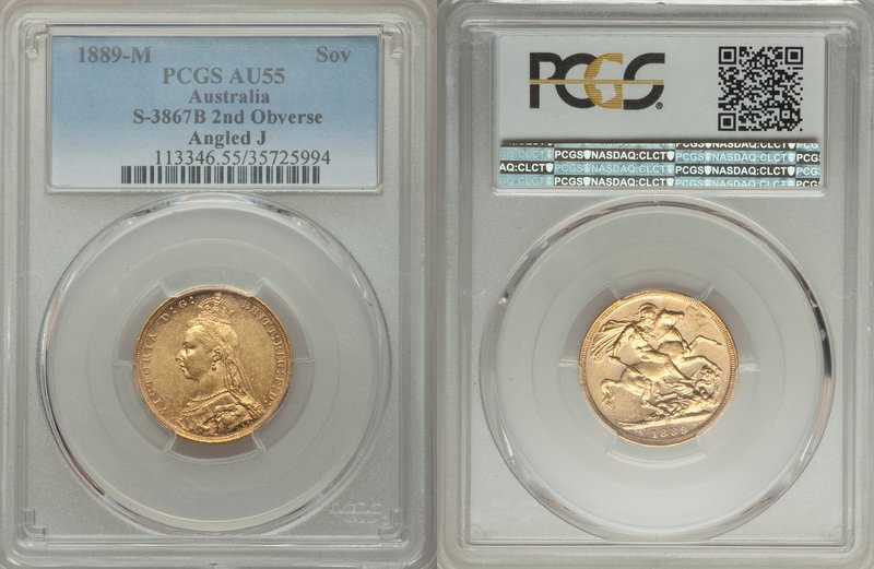 Victoria gold Sovereign 1889-M AU55 PCGS, KM10, S-3867B, 2nd obverse and angled ...