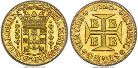 João V gold 4000 Reis 1720-B MS61 NGC, Bahia mint, KM106, Fr-30, LMB-66. An exceptionally lustrous piece, yielding to the viewer an array of pleasing ...