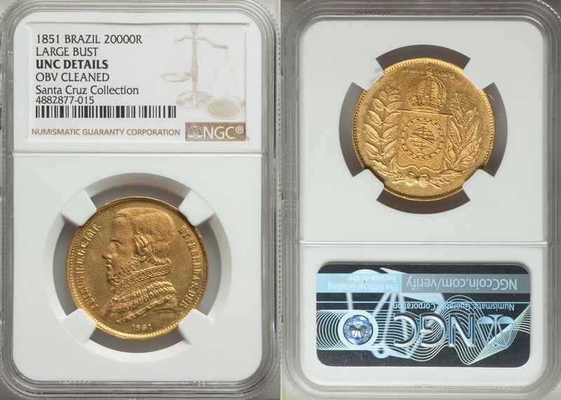 Pedro II gold 20000 Reis 1851 UNC Details (Obverse Cleaned) NGC, KM463. From the...