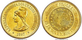 Republic gold 20000 Reis 1897 AU58 NGC, Rio de Janeiro mint, KM497, Fr-124, LMB-717. About as close as one can get to mint state, this example has see...
